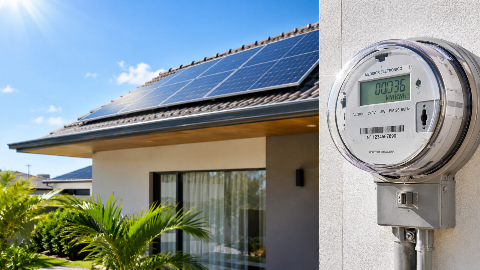 Medidor elétrico bidirecional em primeiro plano e painéis solares no telhado de uma residência para homologação de energia solar.