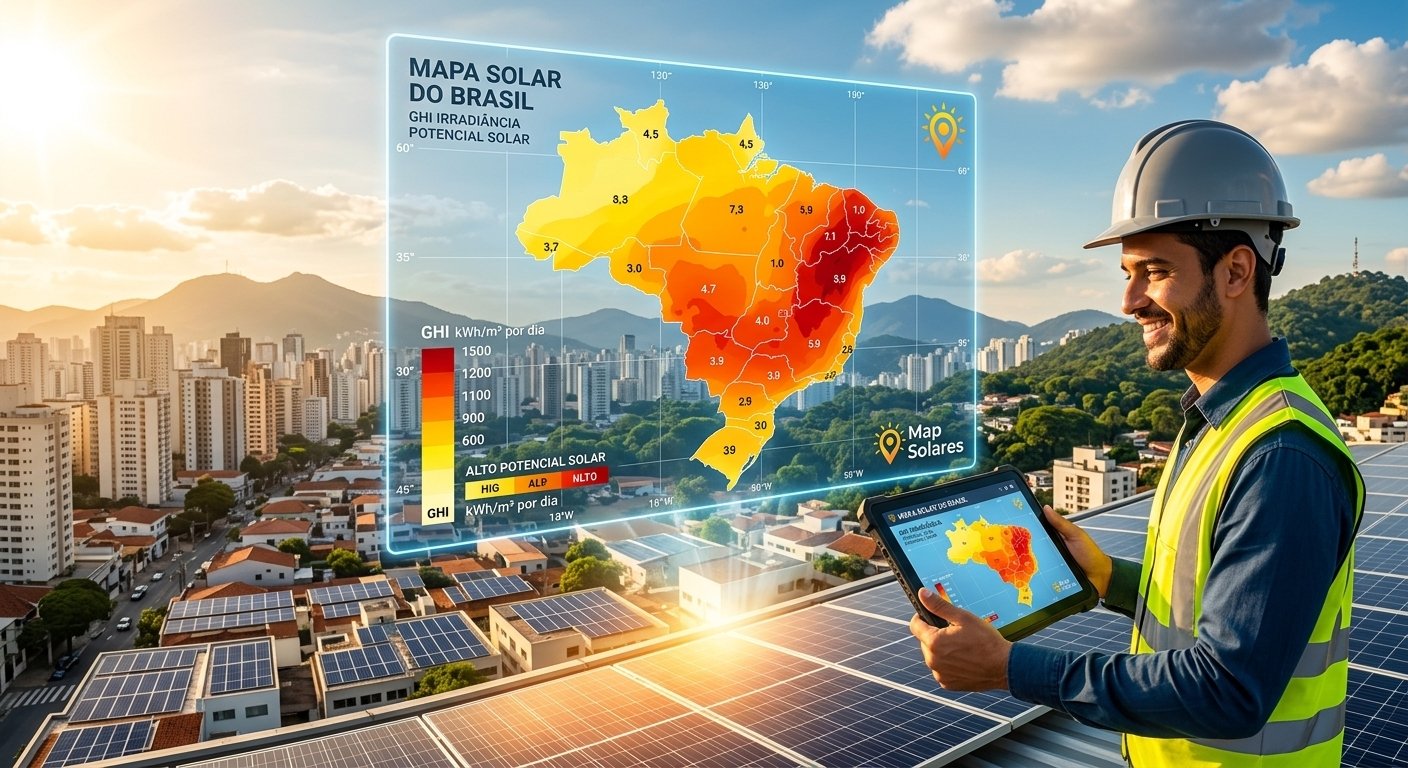 Visão panorâmica de um engenheiro num telhado com painéis fotovoltaicos a analisar o mapa de irradiação para o financiamento de energia solar em 2026.